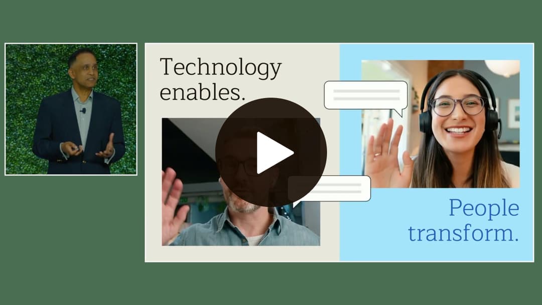 Video presentation preview of conference session recording "Technology enables. People transform." features a slide with two people talking and the session presenter on the left.
